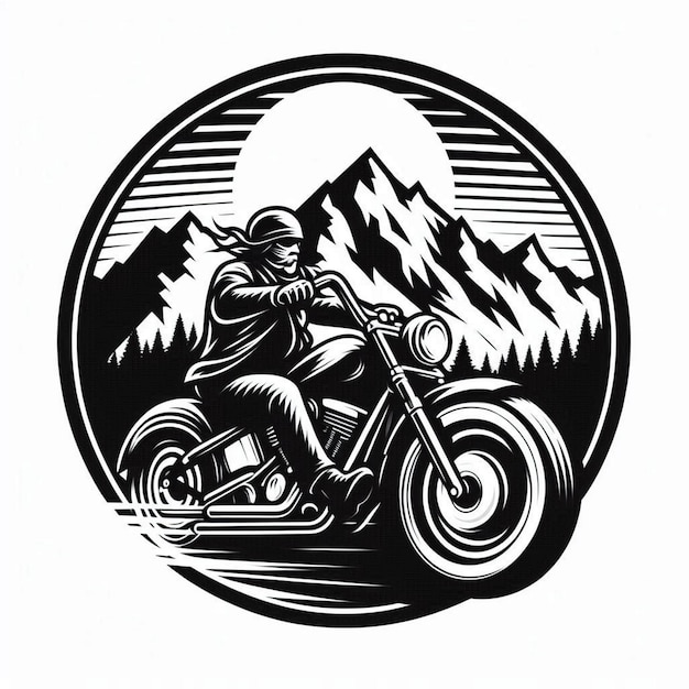 Create a blackandwhite illustration of a biker riding a chopperstyle motorcycle