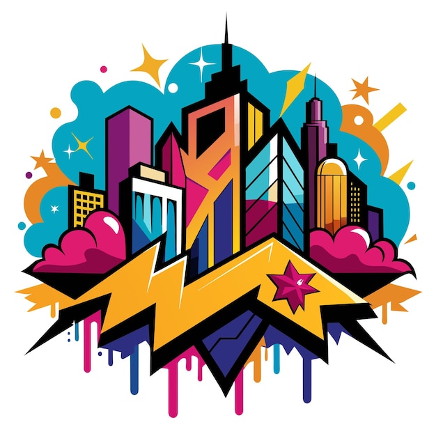 Create a dynamic vector illustration featuring a bustling city skyline adorned with graffiti style