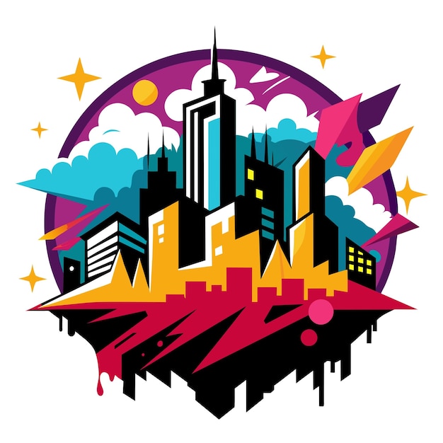 Create a dynamic vector illustration featuring a bustling city skyline adorned with graffiti style