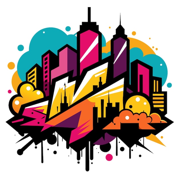 Create a dynamic vector illustration featuring a bustling city skyline adorned with graffiti style