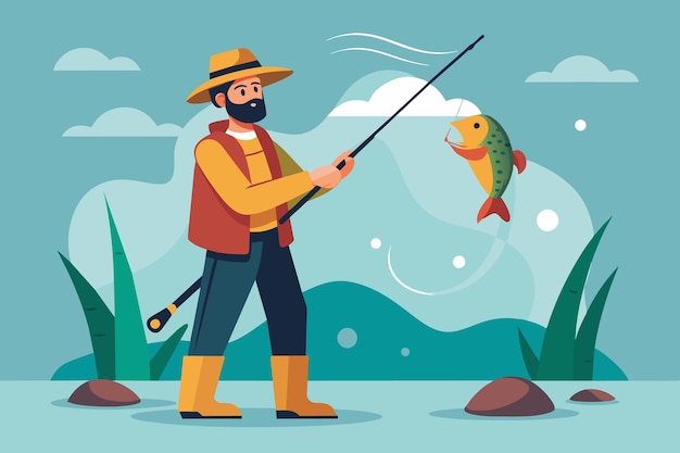 Vector create a flatstyle fisherman with fishing rod and catch