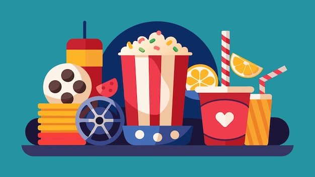 Vector create a movie night snack platter with popcorn movie theater candy and homemade fruit rollups