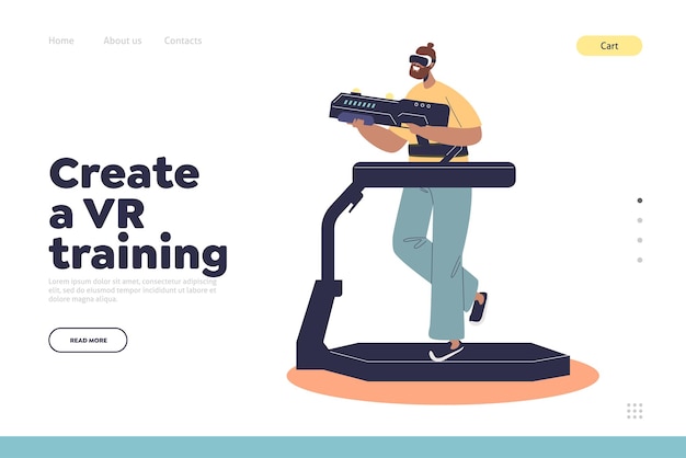 Vector create vr training concept of landing page with woman wearing vr headset run on simulator treadmill