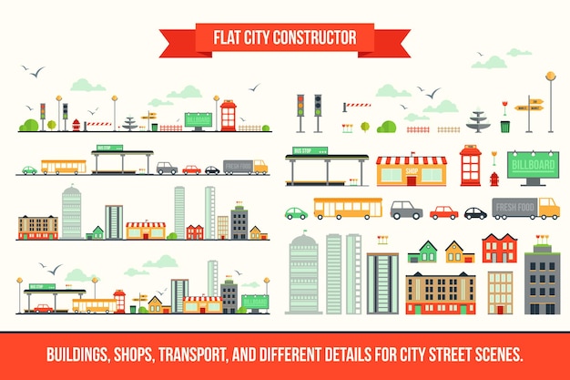 Create your own city flat constructor kit Huge collection infographic vector elements Buildings set