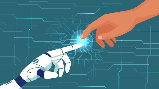 Creation of artificial intelligence Humans and robots cooperation AI give hand Bionic arm with touch gesture vector illustration