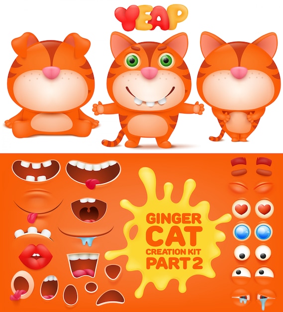 Creation kit of ginger emoticon funny cat. 