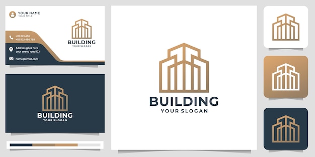 Creative abstract minimal building logo template with business card design. premium vector