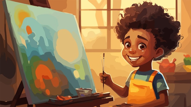 Vector creative african american boy painting at home vector illustration