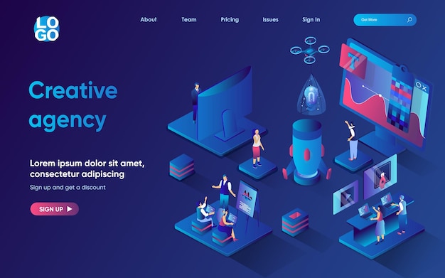 Creative agency concept 3d isometric web landing page People work on project analyze consumer