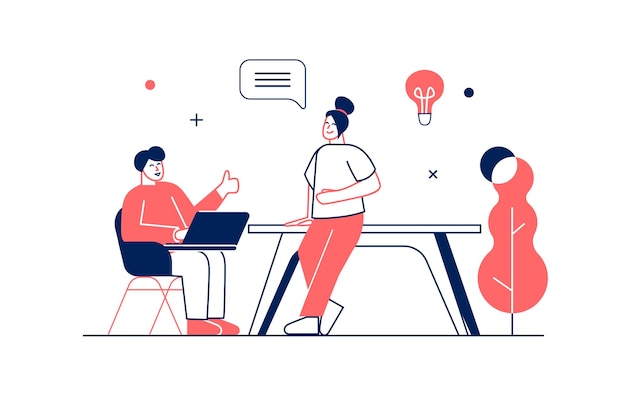 Creative agency concept in flat line design with people scene Woman and man working as designers discussing job tasks at office brainstorming and creating new ideas Vector illustration for web