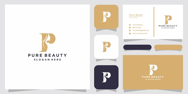 Creative beautiful woman's face with p logo and business card design