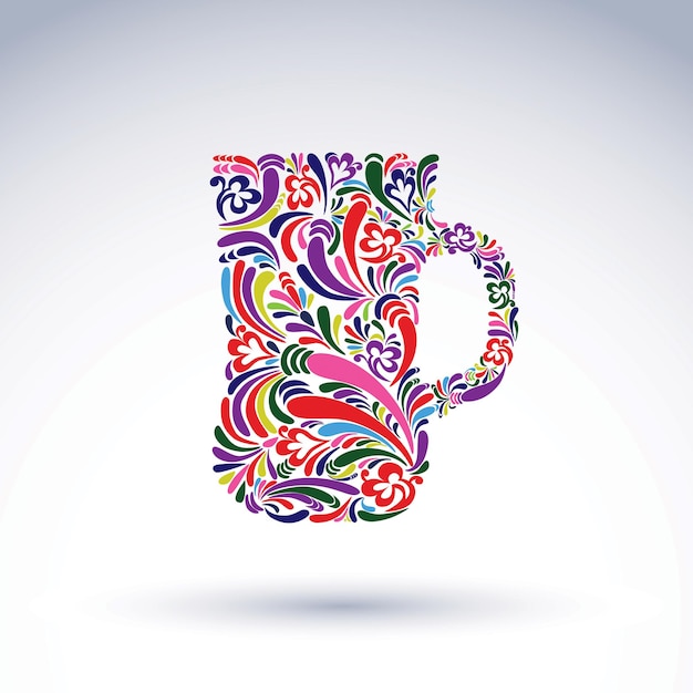 Creative beer mug decorated with vector floral pattern. Alcohol and relaxation glass symbol, for use in graphic design and advertising.