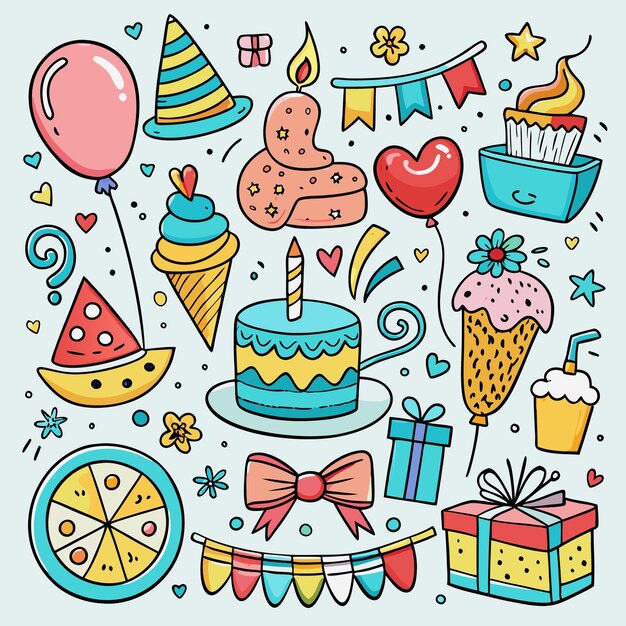 Vector creative birthday doodles and stickers for all ages unique birthday graphics