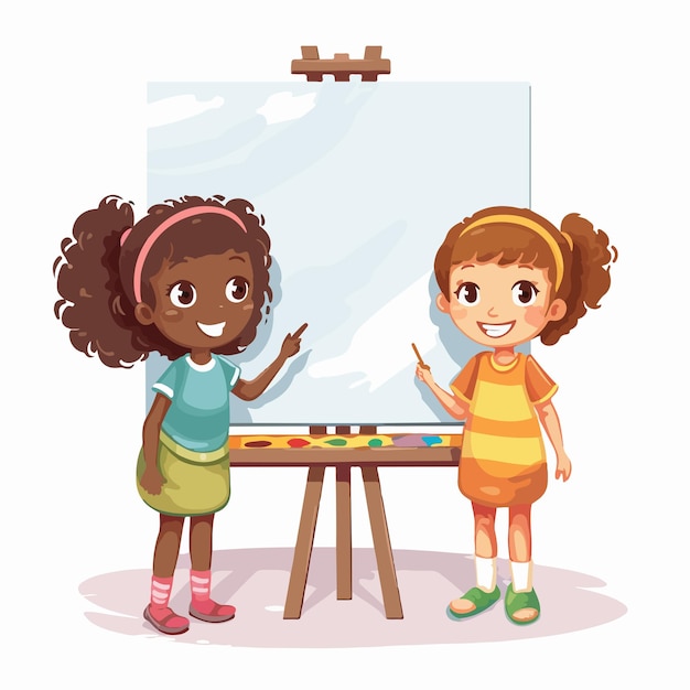 Vector creative board template with two girls painting illustration