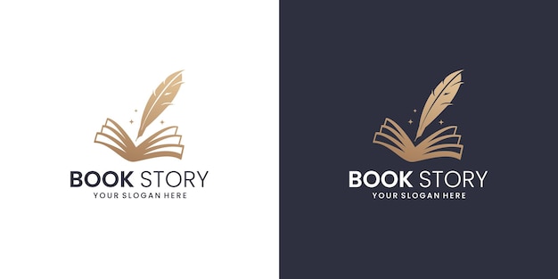 Creative book logo with feather design template. book story feather logo inspiration.