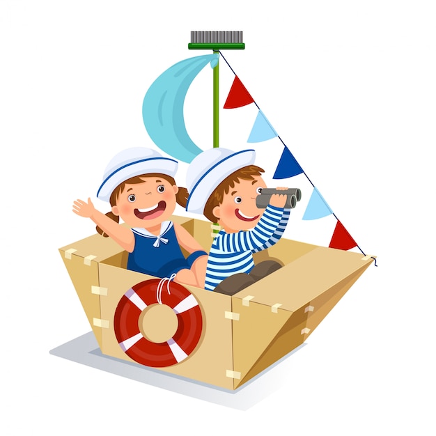 Creative boy and girl playing sailor with cardboard ship