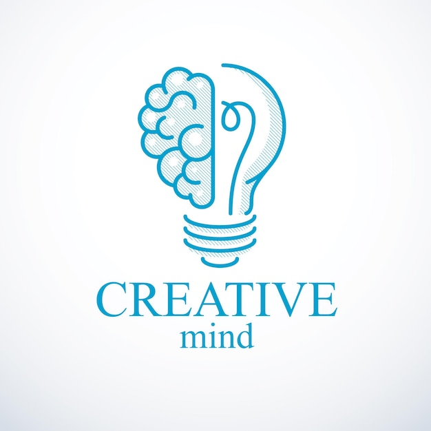 Creative brain concept, intelligent creation vector logo. Light bulb with half of human anatomical brain. Bright mind, thinking and brainstorming idea icon.