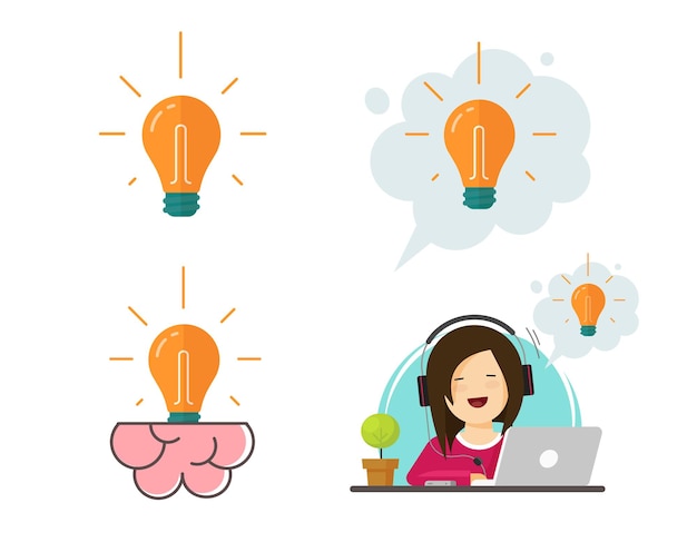 Creative brain idea lightbulb with woman person inspiration thinking or innovation solution bulb