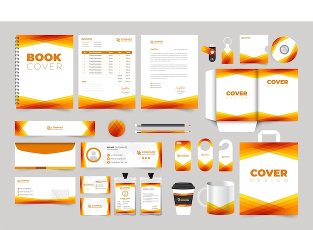 Creative business advertisement template design with golden and orange colors Modern brand identity stationery design for office and business Fashion brand promotion design bundle for marketing