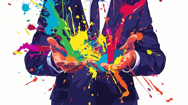 Creative Businessman Holding Paint Splashes in Hands