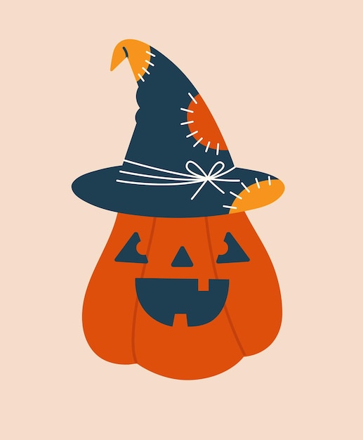 Creative cartoon clipart for Halloween with evil pumpkin in witch hat Cute hand drawn sticker