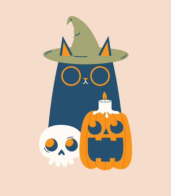 Creative cartoon clipart for Halloween with sitting black cat in witch hat with skull pumpkin