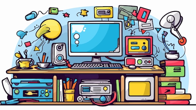 Creative Cartoon Doodle Office Computer Vector Illustration