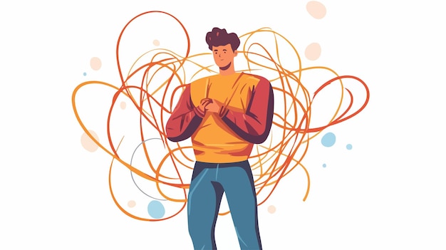 Vector creative cartoon vector illustration of man holding tangled wire