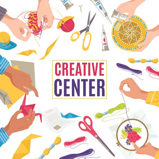 Creative center with art craft work, children drawing by pencil banner