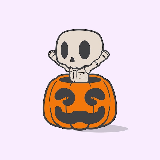 Creative character skeleton inside a pumpkin feeling happy