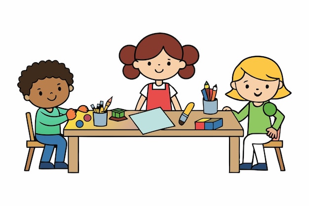 Creative Classroom Kids Engaged in Arts and Crafts Vector Illustration Cartoon Clipart