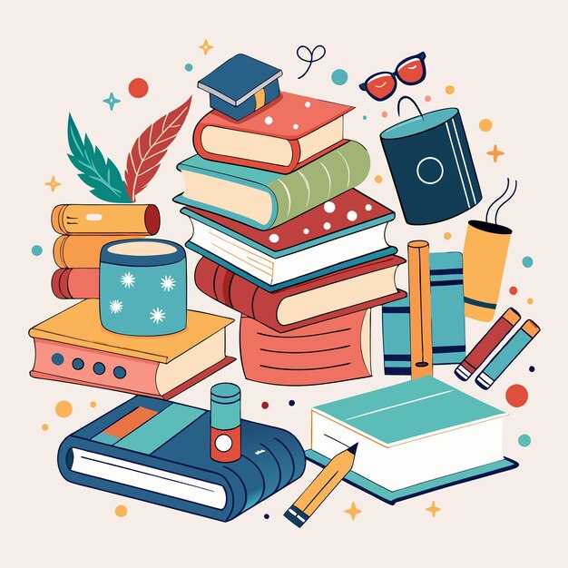 Vector creative and colorful education illustration with books and school supplies