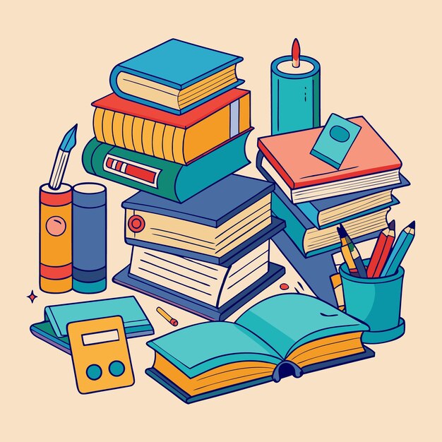 Vector creative and colorful education illustration with books and school supplies