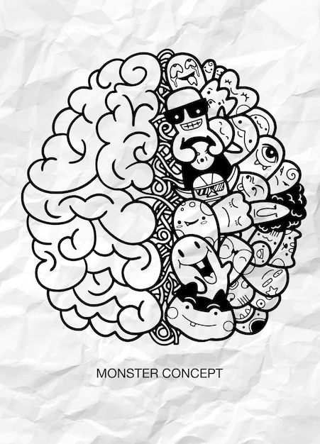 Creative concept of the human brain,Monster Doodle Concept