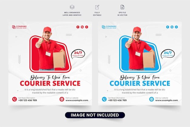 Creative courier service social media post design for marketing Online shopping delivery service poster design with red and blue colors Digital home delivery service promotional web banner template