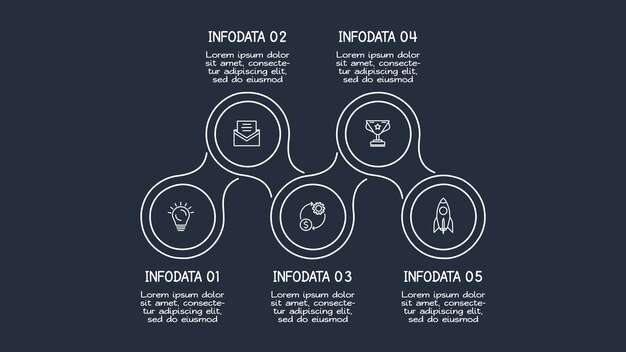 Creative dark infographic with 6 elements template for web on a black background business presentation