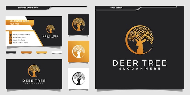 Creative deer tree logo design with combination of leaves and deer animals and business card design Premium vekto