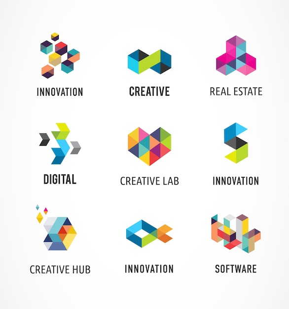 Creative, digital abstract colorful icons, elements and symbols