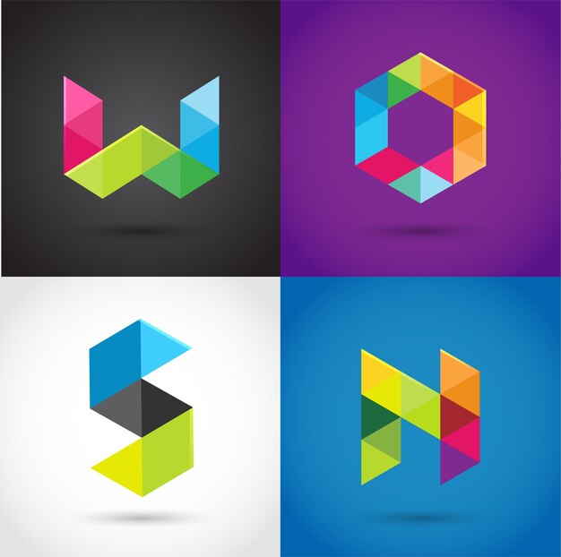 Creative, digital letter colorful icons, element and symbol, logo template. W, S, O, N,