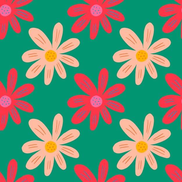 Creative ditsy seamless pattern on green background. Cute chamomile print. Floral ornament.