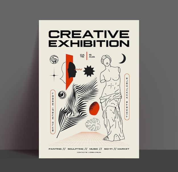 Creative exhibition flyer or poster design template with abstract art elements and shapes