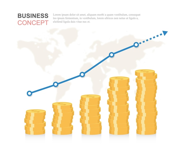 Creative financial and business growth chart infographic with golden coins on world map