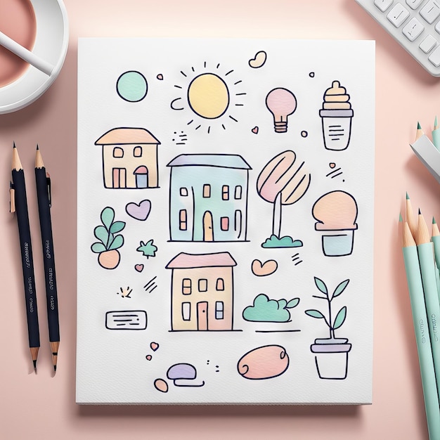 Vector creative flat lay with watercolor house drawing and sketch on pastel backgroundcreative backgr