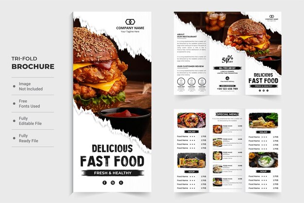 Vector creative food menu tri fold brochure design with brush effect on a white background modern food menu poster and leaflet layout vector for marketing restaurant business promotional brochure template