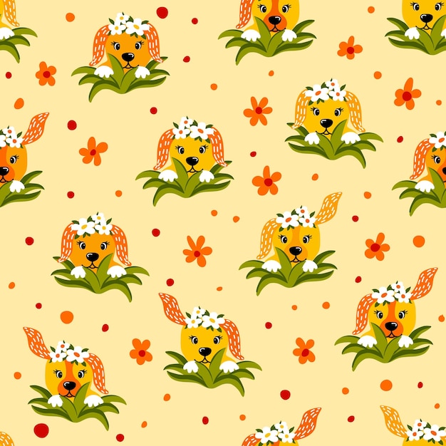 Creative funny cute seamless pattern with a portrait of a dog in a flowers