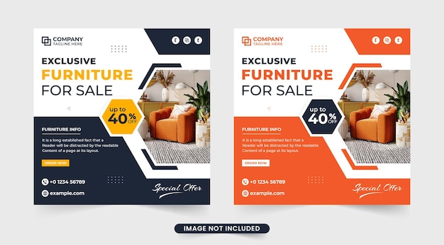 Creative furniture shop advertisement template with black and orange colors Furniture promotion banner template with discount offer Furniture sale social media post vector with abstract shapes