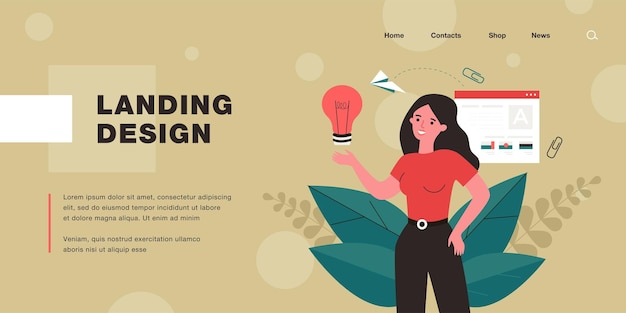 Creative girl full of ideas searching for job. Flat vector illustration. Woman holding light bulb with portfolio and completed projects on background. Creativity, inspiration, profession, job concept