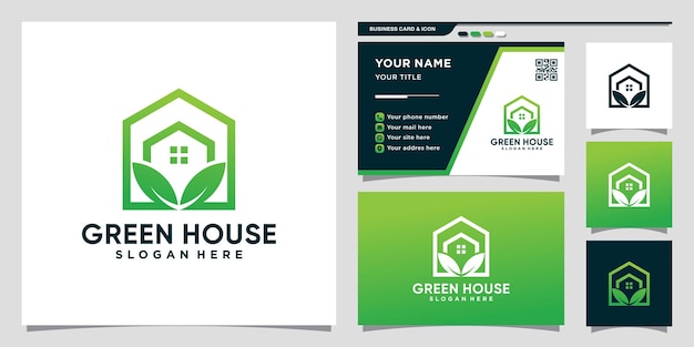 Creative green house logo with line art style and business card design Premium Vector