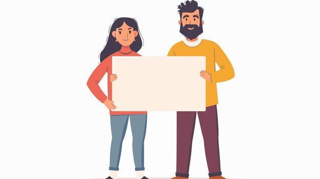 Vector creative handdrawn cartoon of man and woman holding blank sign