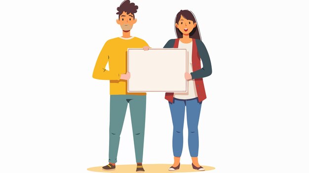 Vector creative handdrawn cartoon of man and woman holding blank sign